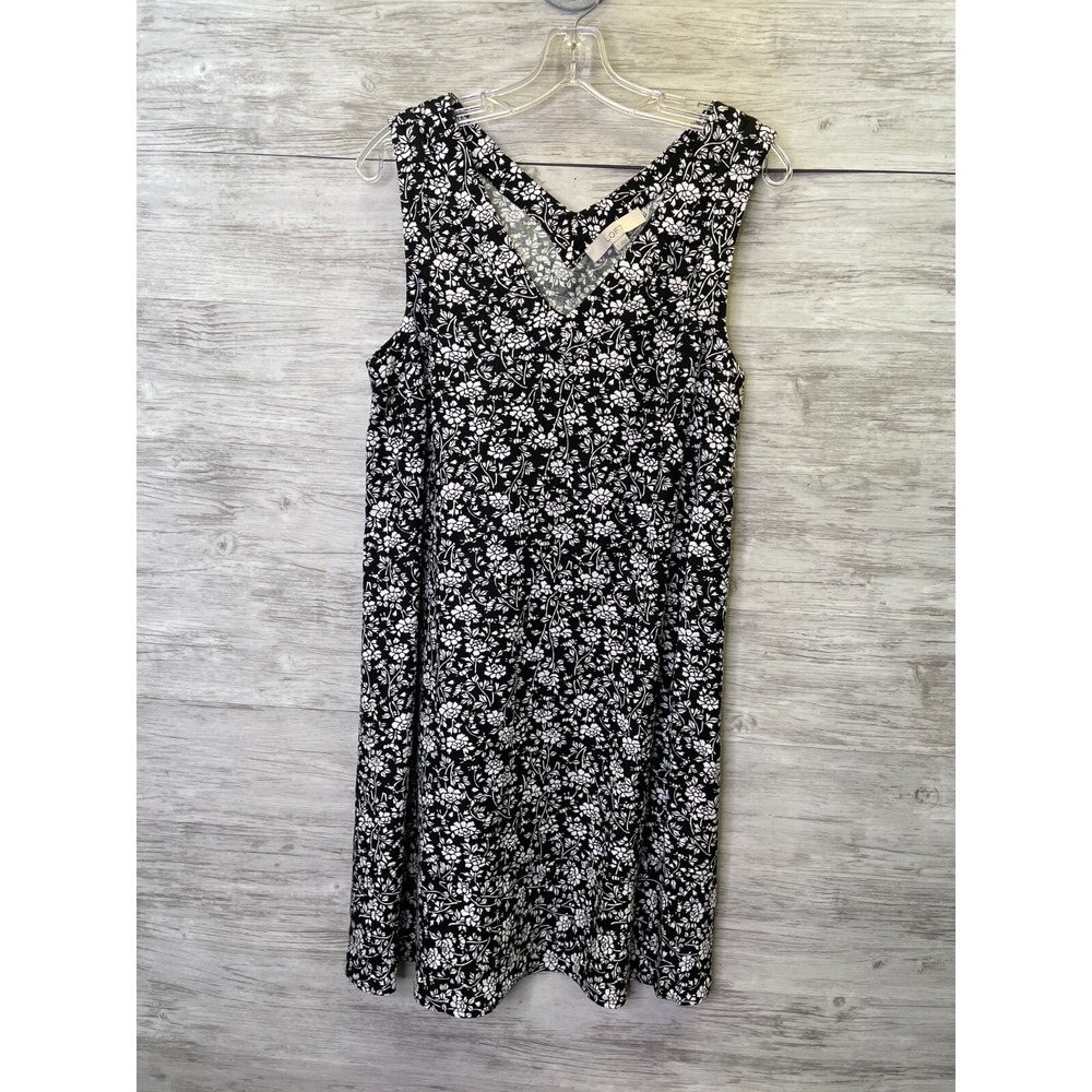 LOFT Linen Blend Floral Midi Dress Womens Size S Black White Sleeveless V-Neck